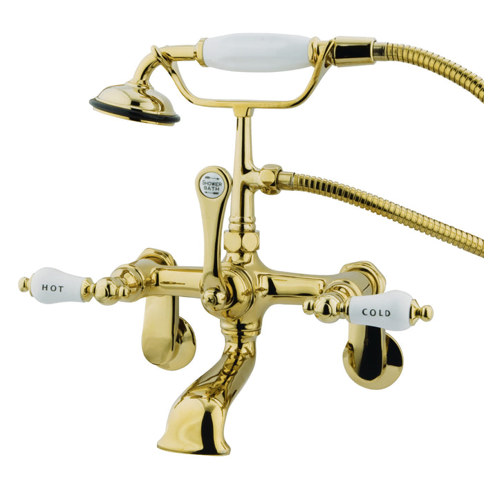 Kingston Heirloom CC53T2 - Vintage Three-Handle 2-Hole Tub Wall Mount Clawfoot Tub Faucet with Hand Shower, Polished Brass