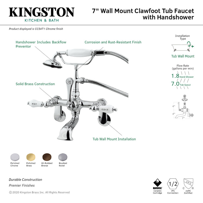 Kingston Heirloom CC53T8 - Vintage Three-Handle 2-Hole Tub Wall Mount Clawfoot Tub Faucet with Hand Shower, Brushed Nickel