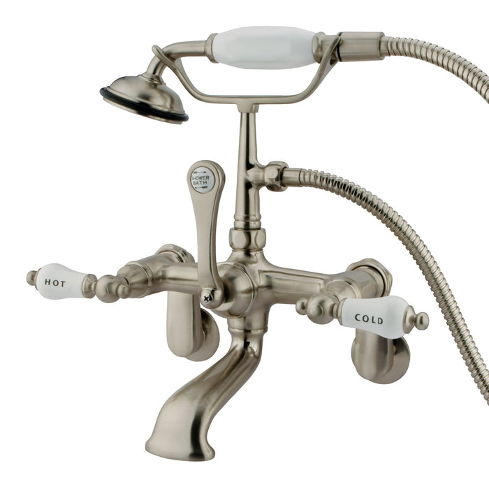 Kingston Heirloom CC53T8 - Vintage Three-Handle 2-Hole Tub Wall Mount Clawfoot Tub Faucet with Hand Shower, Brushed Nickel