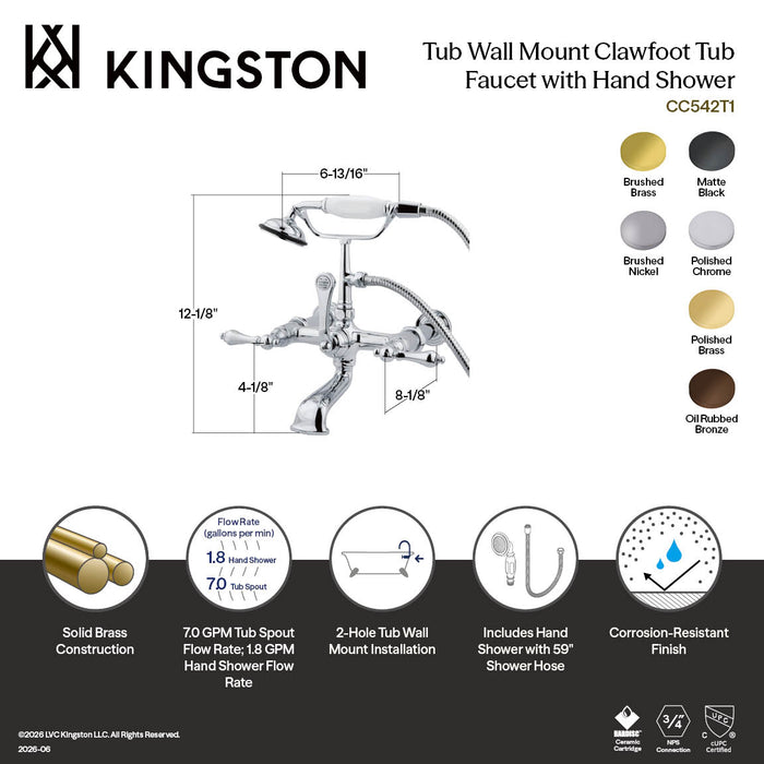 Kingston Heirloom CC541T7 - Vintage Three-Handle 2-Hole Tub Wall Mount Clawfoot Tub Faucet with Hand Shower, Brushed Brass
