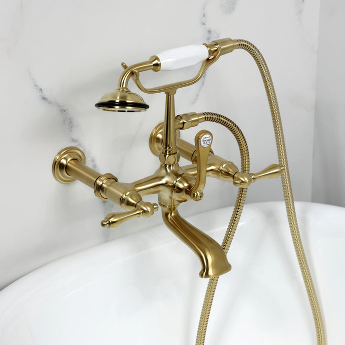 Kingston Heirloom CC541T7 - Vintage Three-Handle 2-Hole Tub Wall Mount Clawfoot Tub Faucet with Hand Shower, Brushed Brass