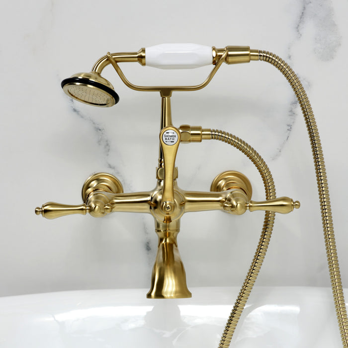 Kingston Heirloom CC541T7 - Vintage Three-Handle 2-Hole Tub Wall Mount Clawfoot Tub Faucet with Hand Shower, Brushed Brass