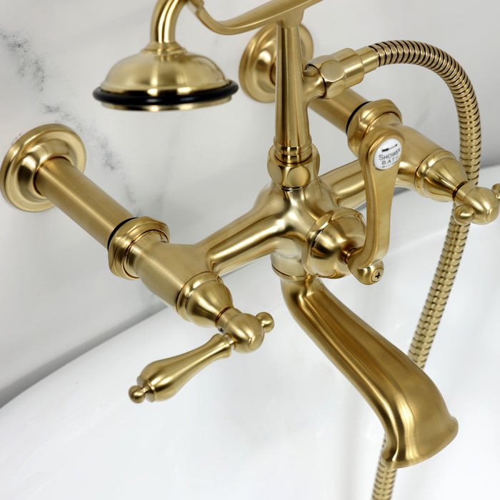 Kingston Heirloom CC541T7 - Vintage Three-Handle 2-Hole Tub Wall Mount Clawfoot Tub Faucet with Hand Shower, Brushed Brass