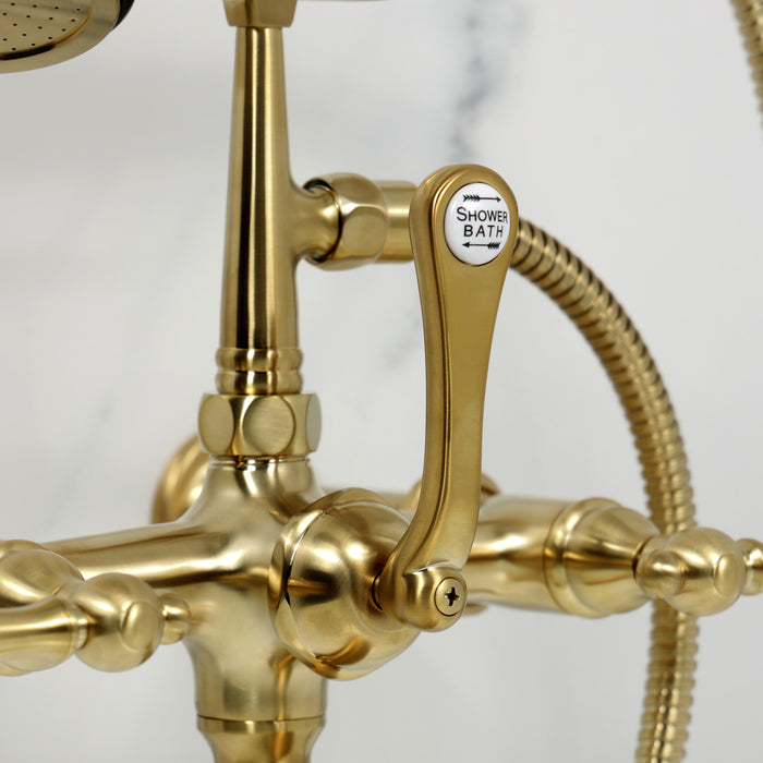 Kingston Heirloom CC541T7 - Vintage Three-Handle 2-Hole Tub Wall Mount Clawfoot Tub Faucet with Hand Shower, Brushed Brass