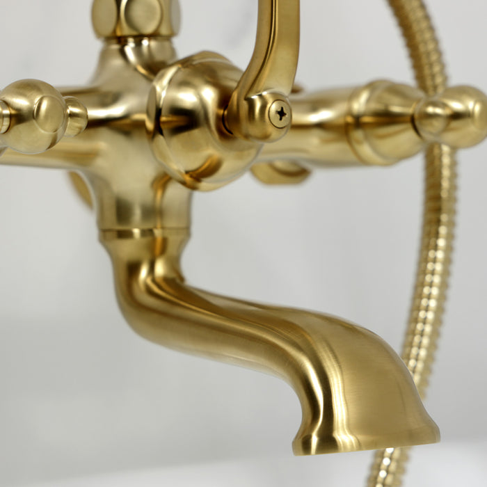Kingston Heirloom CC541T7 - Vintage Three-Handle 2-Hole Tub Wall Mount Clawfoot Tub Faucet with Hand Shower, Brushed Brass