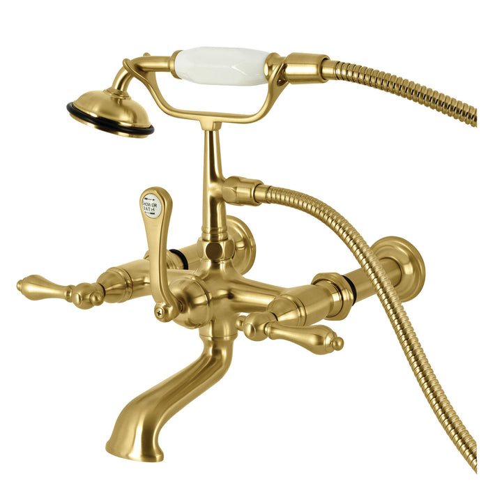Kingston Heirloom CC541T7 - Vintage Three-Handle 2-Hole Tub Wall Mount Clawfoot Tub Faucet with Hand Shower, Brushed Brass
