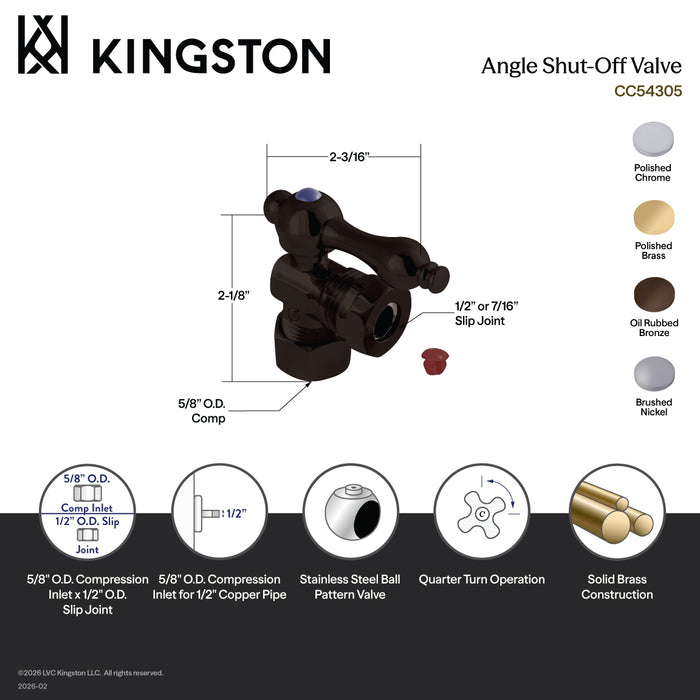 Kingston Heirloom CC54302 - Vintage 5/8-Inch O.D. Comp x 1/2-Inch or 7/16-Inch Slip Joint Quarter-Turn Angle Shut-Off Valve, Polished Brass