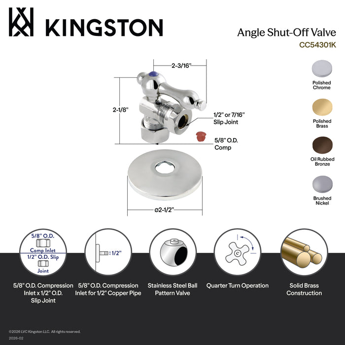 Kingston Heirloom CC54302K 5/8-Inch O.D. Comp x 1/2-Inch or 7/16-Inch Slip Joint Quarter-Turn Angle Shut-Off Valve with Flange, Polished Brass