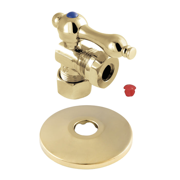 Kingston Heirloom CC54302K 5/8-Inch O.D. Comp x 1/2-Inch or 7/16-Inch Slip Joint Quarter-Turn Angle Shut-Off Valve with Flange, Polished Brass