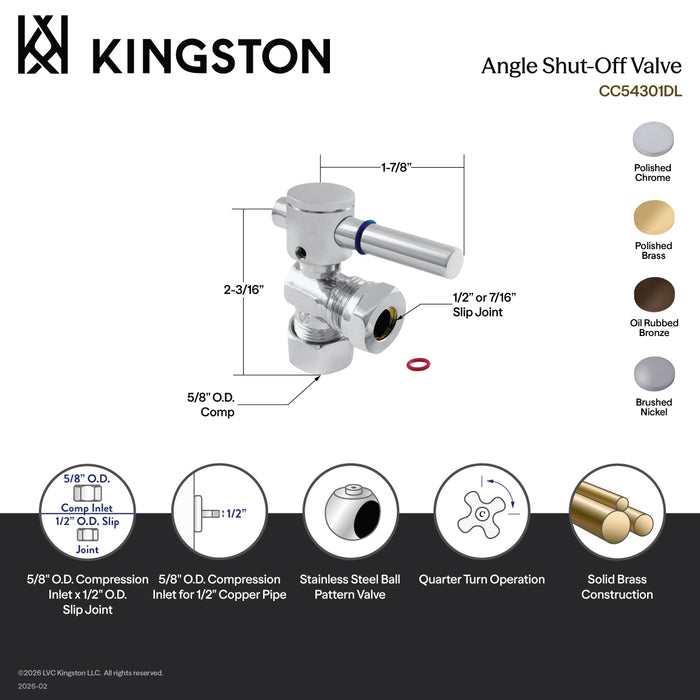 Kingston Sona CC54308DL - Fauceture 5/8-Inch O.D. Comp x 1/2-Inch or 7/16-Inch Slip Joint Quarter-Turn Angle Shut-Off Valve, Brushed Nickel