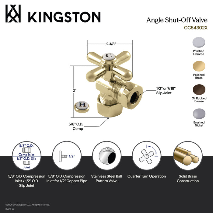 Kingston Heirloom CC54308X - Vintage 5/8-Inch O.D. Comp x 1/2-Inch or 7/16-Inch Slip Joint Quarter-Turn Angle Shut-Off Valve, Brushed Nickel