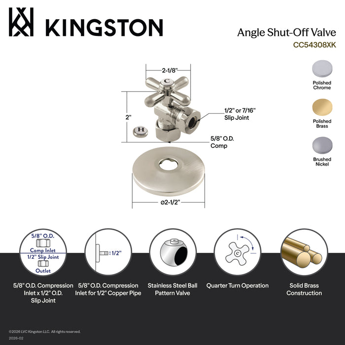 Kingston Heirloom CC54308XK 5/8-Inch O.D. Comp x 1/2-Inch or 7/16-Inch Slip Joint Quarter-Turn Angle Shut-Off Valve with Flange, Brushed Nickel