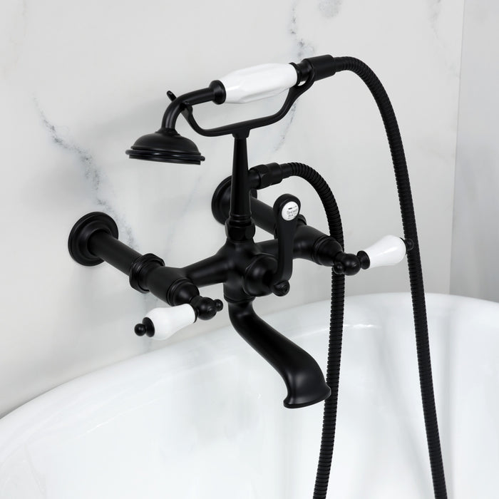 Kingston Heirloom CC543T0 - Vintage Three-Handle 2-Hole Tub Wall Mount Clawfoot Tub Faucet with Hand Shower, Matte Black