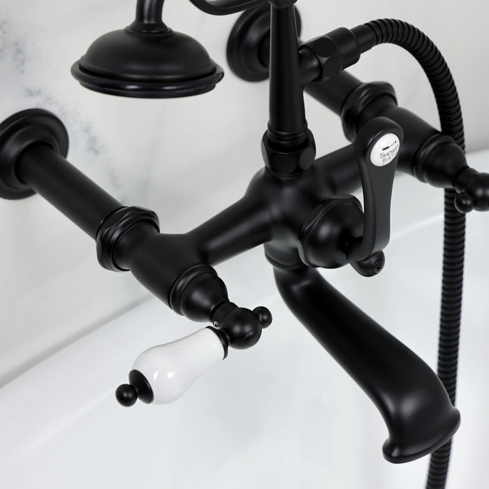 Kingston Heirloom CC543T0 - Vintage Three-Handle 2-Hole Tub Wall Mount Clawfoot Tub Faucet with Hand Shower, Matte Black