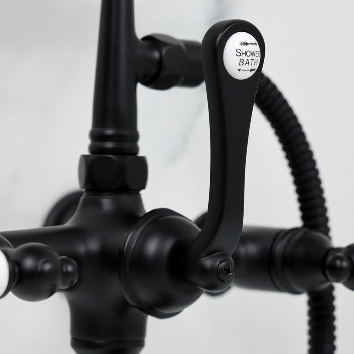 Kingston Heirloom CC543T0 - Vintage Three-Handle 2-Hole Tub Wall Mount Clawfoot Tub Faucet with Hand Shower, Matte Black