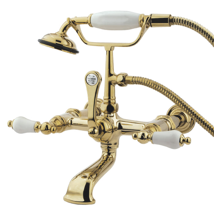 Kingston Heirloom CC543T2 - Vintage Three-Handle 2-Hole Tub Wall Mount Clawfoot Tub Faucet with Hand Shower, Polished Brass