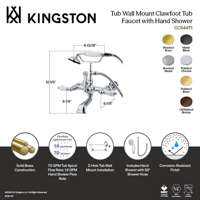 Kingston Heirloom CC543T7 - Vintage Three-Handle 2-Hole Tub Wall Mount Clawfoot Tub Faucet with Hand Shower, Brushed Brass