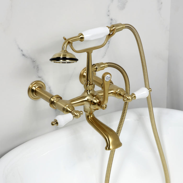 Kingston Heirloom CC543T7 - Vintage Three-Handle 2-Hole Tub Wall Mount Clawfoot Tub Faucet with Hand Shower, Brushed Brass