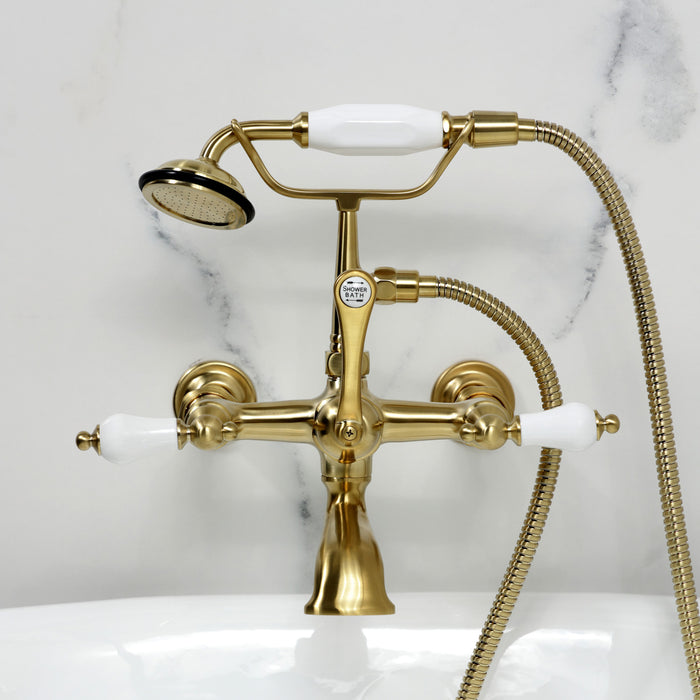 Kingston Heirloom CC543T7 - Vintage Three-Handle 2-Hole Tub Wall Mount Clawfoot Tub Faucet with Hand Shower, Brushed Brass