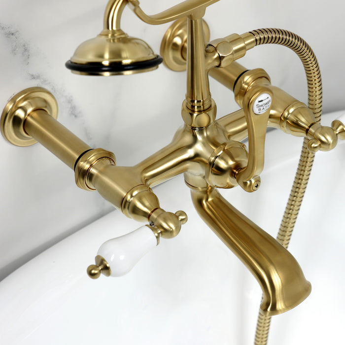 Kingston Heirloom CC543T7 - Vintage Three-Handle 2-Hole Tub Wall Mount Clawfoot Tub Faucet with Hand Shower, Brushed Brass