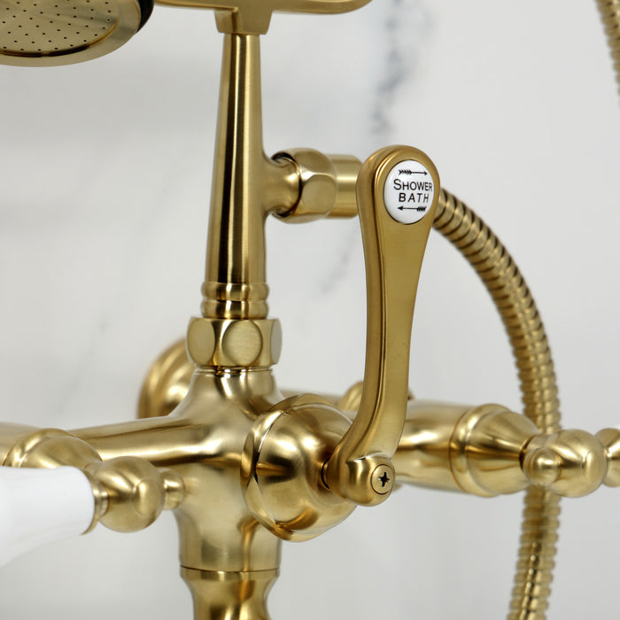Kingston Heirloom CC543T7 - Vintage Three-Handle 2-Hole Tub Wall Mount Clawfoot Tub Faucet with Hand Shower, Brushed Brass