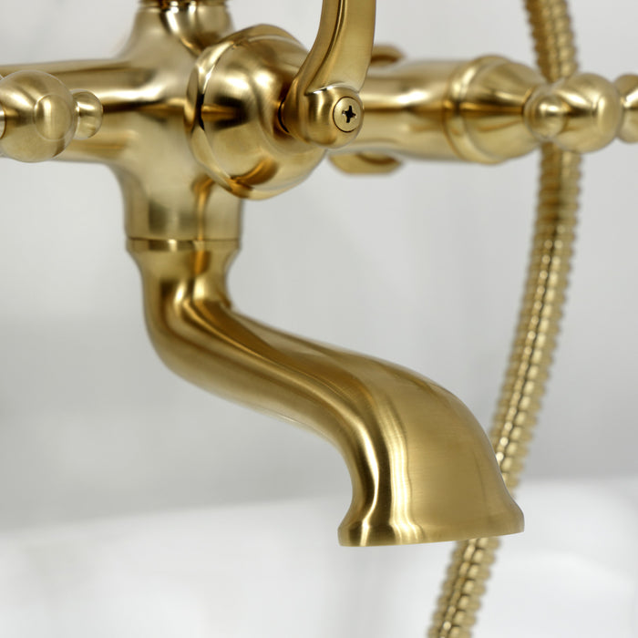 Kingston Heirloom CC543T7 - Vintage Three-Handle 2-Hole Tub Wall Mount Clawfoot Tub Faucet with Hand Shower, Brushed Brass