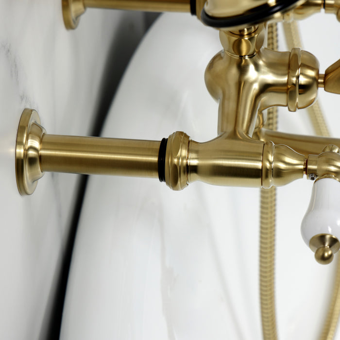 Kingston Heirloom CC543T7 - Vintage Three-Handle 2-Hole Tub Wall Mount Clawfoot Tub Faucet with Hand Shower, Brushed Brass