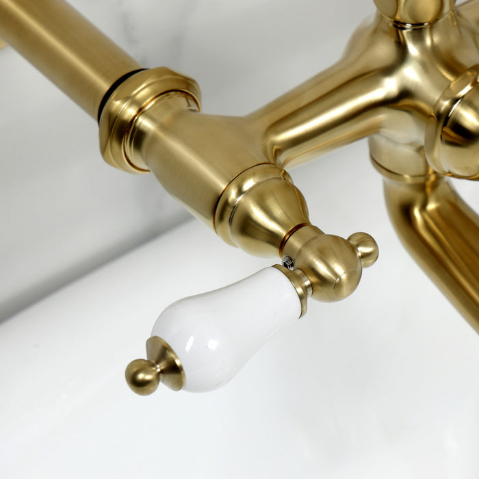 Kingston Heirloom CC543T7 - Vintage Three-Handle 2-Hole Tub Wall Mount Clawfoot Tub Faucet with Hand Shower, Brushed Brass