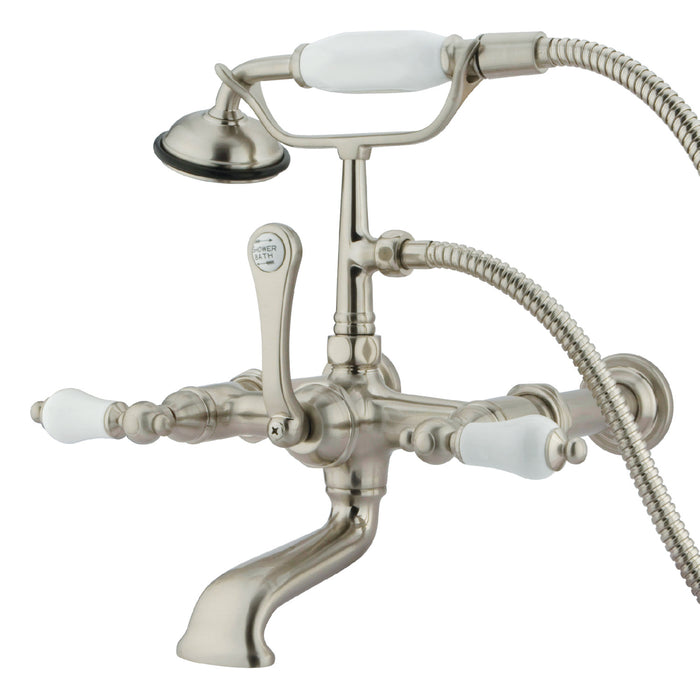Kingston Heirloom CC543T8 - Vintage Three-Handle 2-Hole Tub Wall Mount Clawfoot Tub Faucet with Hand Shower, Brushed Nickel