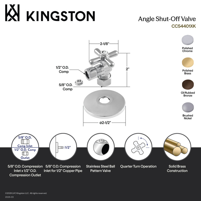 Kingston Heirloom CC54402XK 5/8-Inch O.D. Comp x 1/2-Inch O.D. Comp Quarter-Turn Angle Shut-Off Valve with Flange, Polished Brass