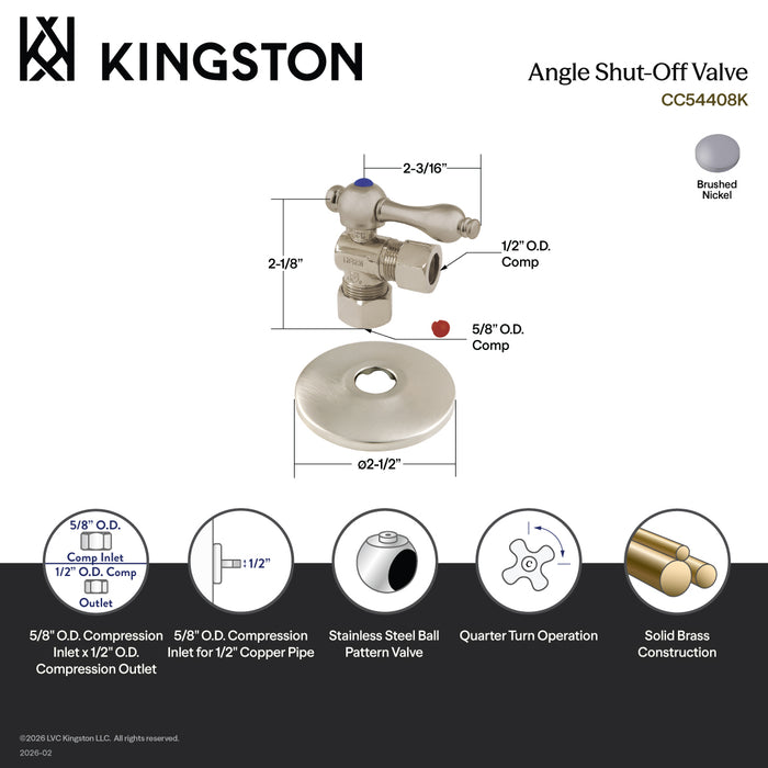 Kingston Heirloom CC54408K 5/8-Inch O.D. Comp x 1/2-Inch O.D. Comp Quarter-Turn Angle Shut-Off Valve with Flange, Brushed Nickel