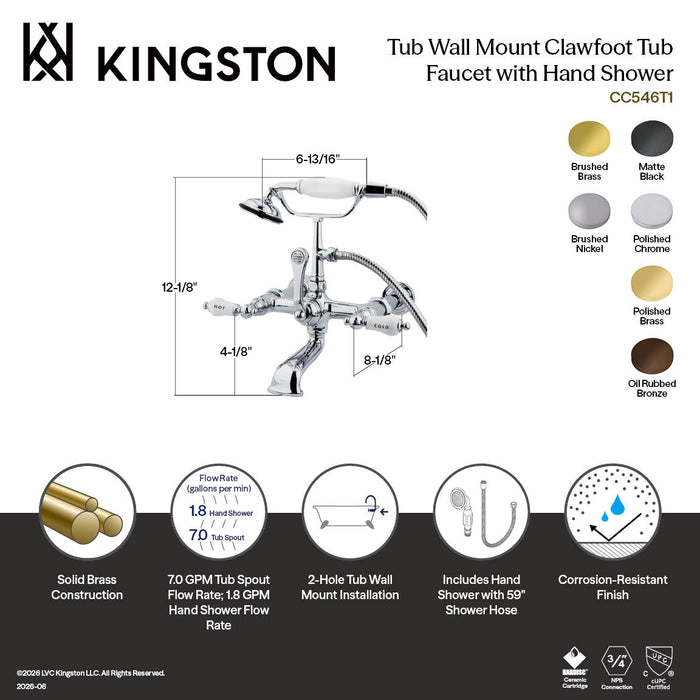 Kingston Heirloom CC545T0 - Vintage Three-Handle 2-Hole Tub Wall Mount Clawfoot Tub Faucet with Hand Shower, Matte Black
