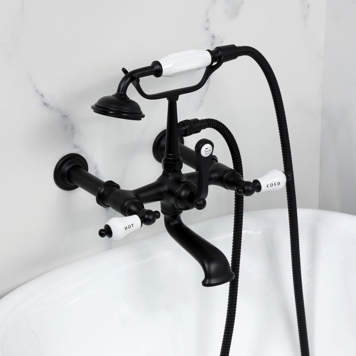 Kingston Heirloom CC545T0 - Vintage Three-Handle 2-Hole Tub Wall Mount Clawfoot Tub Faucet with Hand Shower, Matte Black