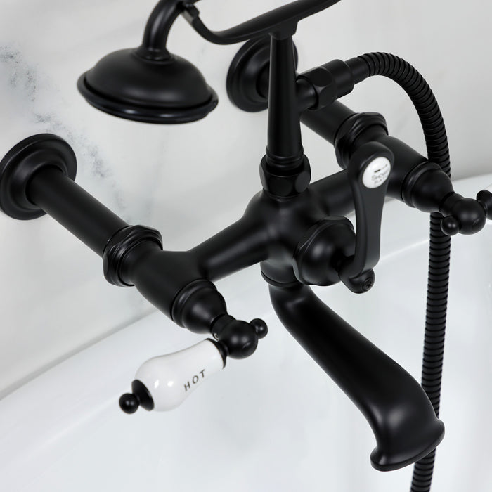 Kingston Heirloom CC545T0 - Vintage Three-Handle 2-Hole Tub Wall Mount Clawfoot Tub Faucet with Hand Shower, Matte Black