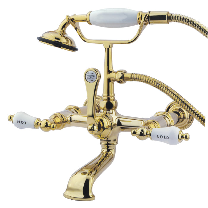 Kingston Heirloom CC545T2 - Vintage Three-Handle 2-Hole Tub Wall Mount Clawfoot Tub Faucet with Hand Shower, Polished Brass