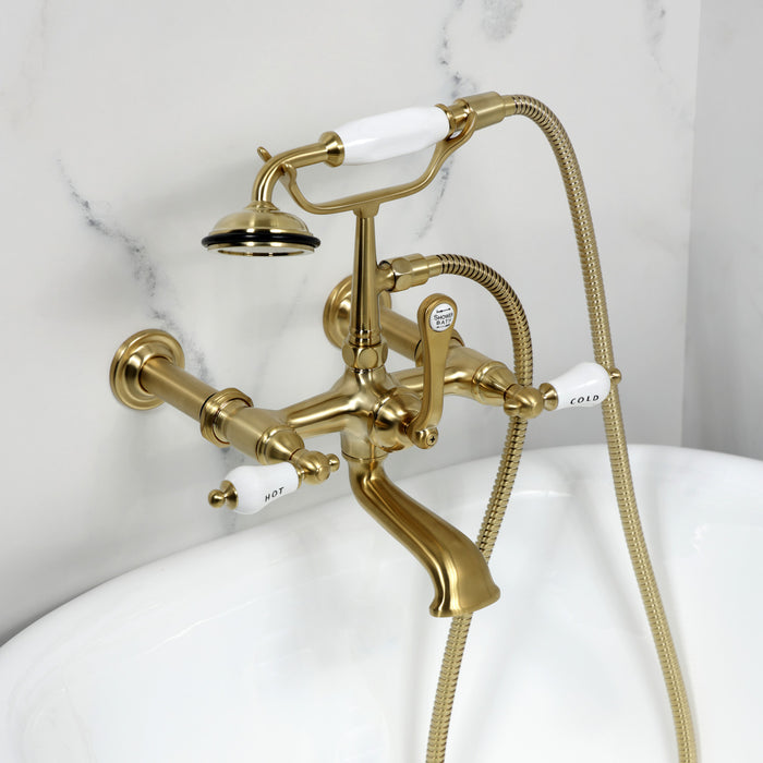 Kingston Heirloom CC545T7 - Vintage Three-Handle 2-Hole Tub Wall Mount Clawfoot Tub Faucet with Hand Shower, Brushed Brass