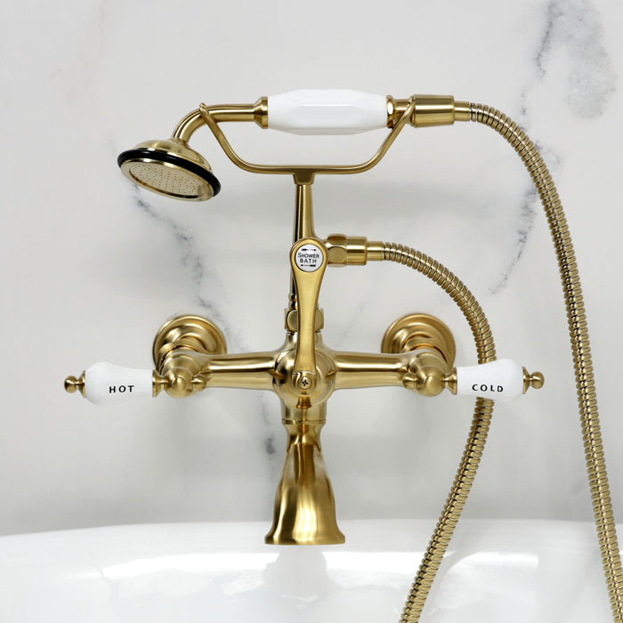Kingston Heirloom CC545T7 - Vintage Three-Handle 2-Hole Tub Wall Mount Clawfoot Tub Faucet with Hand Shower, Brushed Brass