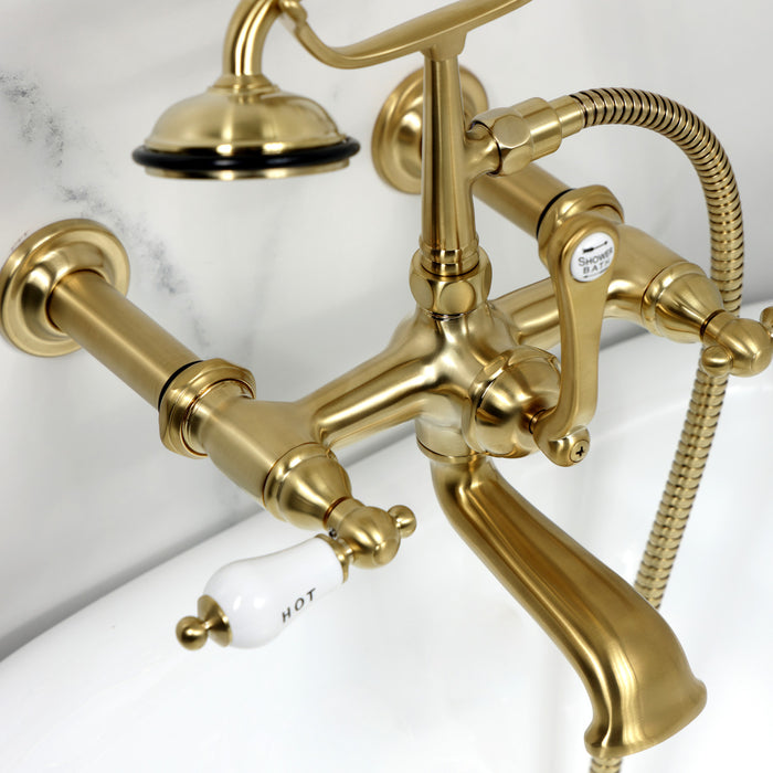 Kingston Heirloom CC545T7 - Vintage Three-Handle 2-Hole Tub Wall Mount Clawfoot Tub Faucet with Hand Shower, Brushed Brass