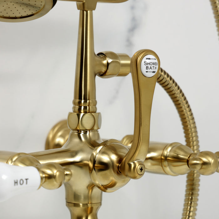 Kingston Heirloom CC545T7 - Vintage Three-Handle 2-Hole Tub Wall Mount Clawfoot Tub Faucet with Hand Shower, Brushed Brass