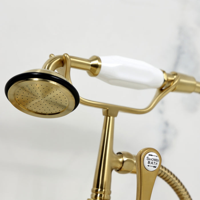 Kingston Heirloom CC545T7 - Vintage Three-Handle 2-Hole Tub Wall Mount Clawfoot Tub Faucet with Hand Shower, Brushed Brass