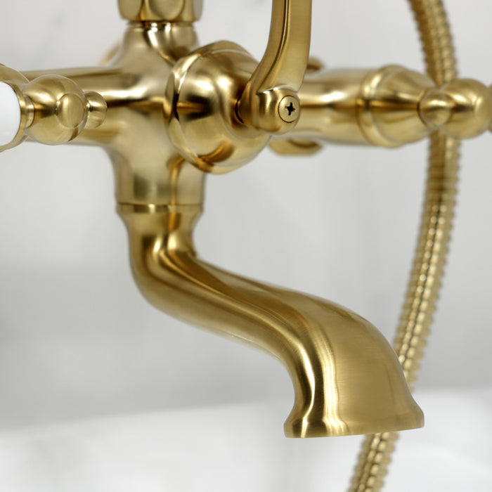 Kingston Heirloom CC545T7 - Vintage Three-Handle 2-Hole Tub Wall Mount Clawfoot Tub Faucet with Hand Shower, Brushed Brass