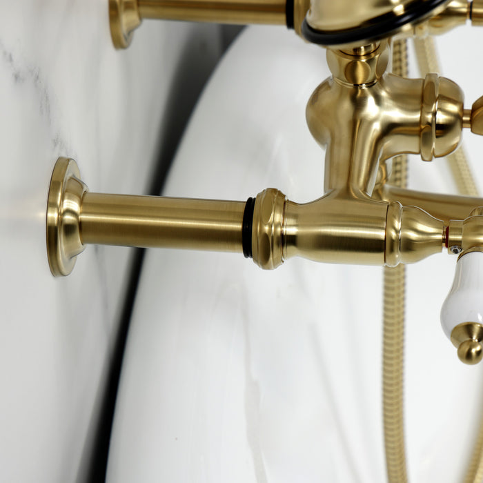 Kingston Heirloom CC545T7 - Vintage Three-Handle 2-Hole Tub Wall Mount Clawfoot Tub Faucet with Hand Shower, Brushed Brass