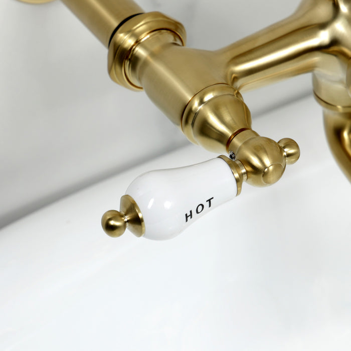 Kingston Heirloom CC545T7 - Vintage Three-Handle 2-Hole Tub Wall Mount Clawfoot Tub Faucet with Hand Shower, Brushed Brass