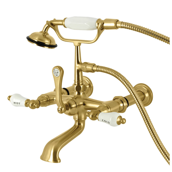 Kingston Heirloom CC545T7 - Vintage Three-Handle 2-Hole Tub Wall Mount Clawfoot Tub Faucet with Hand Shower, Brushed Brass
