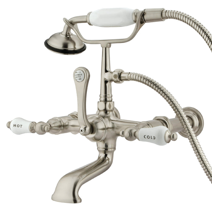Kingston Heirloom CC545T8 - Vintage Three-Handle 2-Hole Tub Wall Mount Clawfoot Tub Faucet with Hand Shower, Brushed Nickel