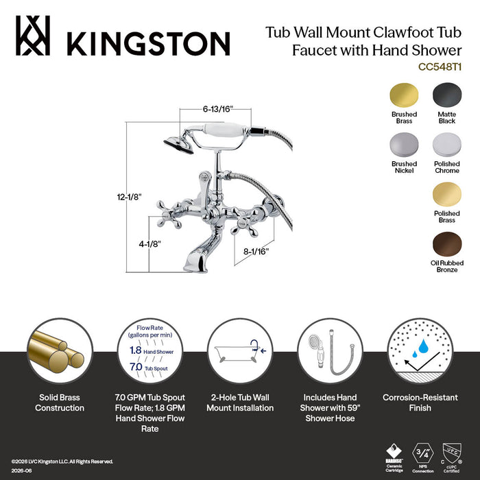 Kingston Heirloom CC547T0 - Vintage Three-Handle 2-Hole Tub Wall Mount Clawfoot Tub Faucet with Hand Shower, Matte Black