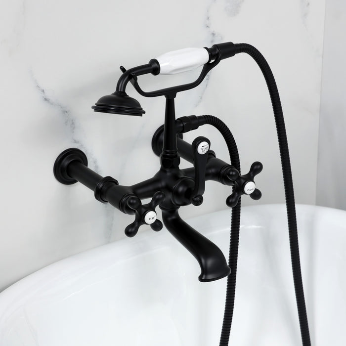 Kingston Heirloom CC547T0 - Vintage Three-Handle 2-Hole Tub Wall Mount Clawfoot Tub Faucet with Hand Shower, Matte Black