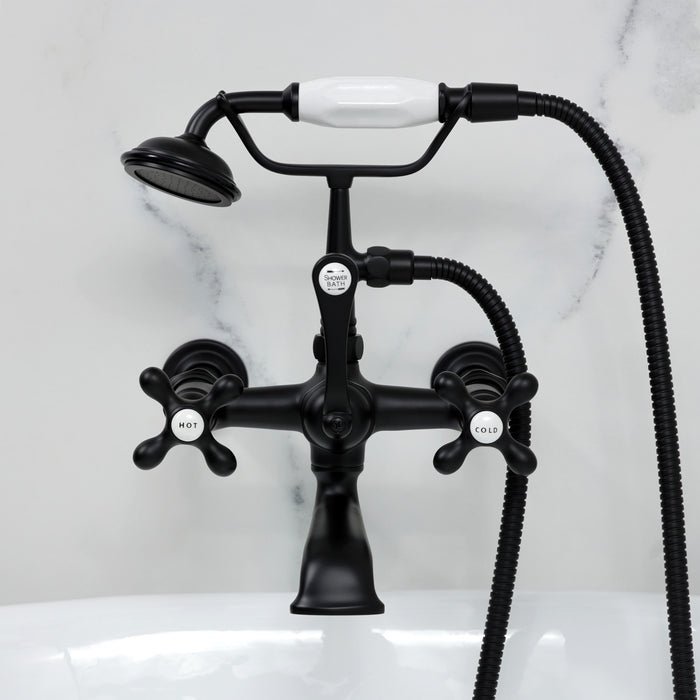 Kingston Heirloom CC547T0 - Vintage Three-Handle 2-Hole Tub Wall Mount Clawfoot Tub Faucet with Hand Shower, Matte Black