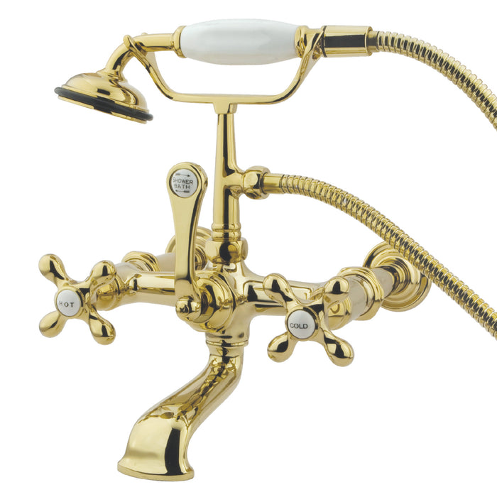 Kingston Heirloom CC547T2 - Vintage Three-Handle 2-Hole Tub Wall Mount Clawfoot Tub Faucet with Hand Shower, Polished Brass