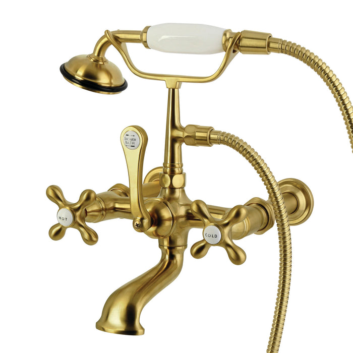 Kingston Heirloom CC547T7 - Vintage Three-Handle 2-Hole Tub Wall Mount Clawfoot Tub Faucet with Hand Shower, Brushed Brass
